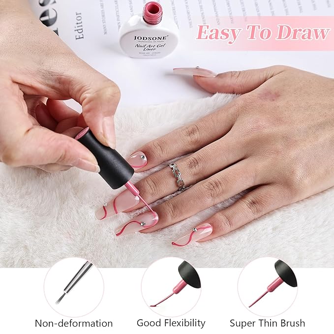 JODSONE Pink Swirl Nail Art Liner Gel Polish,10ml Classic Color 3D Nail Art Pens Effect Nail Print Design with Thin Brush for French Tips Manicure Painting DIY at Home - LB24