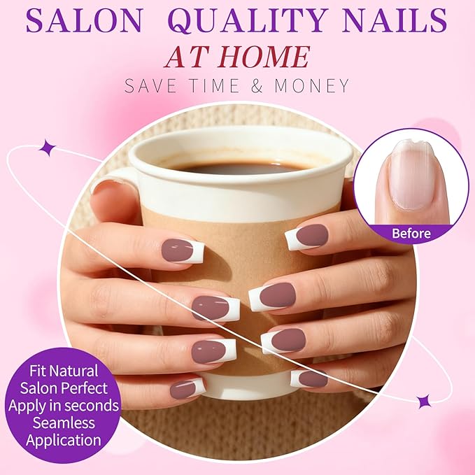 280pc French Tips Press on Nails Medium Square Fake Nail with Glue Tabs, French Tips Glue on Nails Press on Nail Square Acrylic Nails Medium Artificial Fingernails Women Girls Coffee False Nails