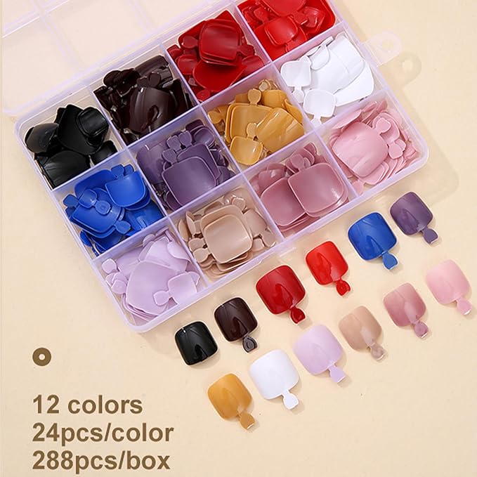 288Pcs Press on Toenails Short Square Fake Toenails Solid Color False Toenails Pure Color False Toenail Tips Glossy Toe Nails Press ons Artificial Stick on Toe Nail for Women Manicure 12Colors
