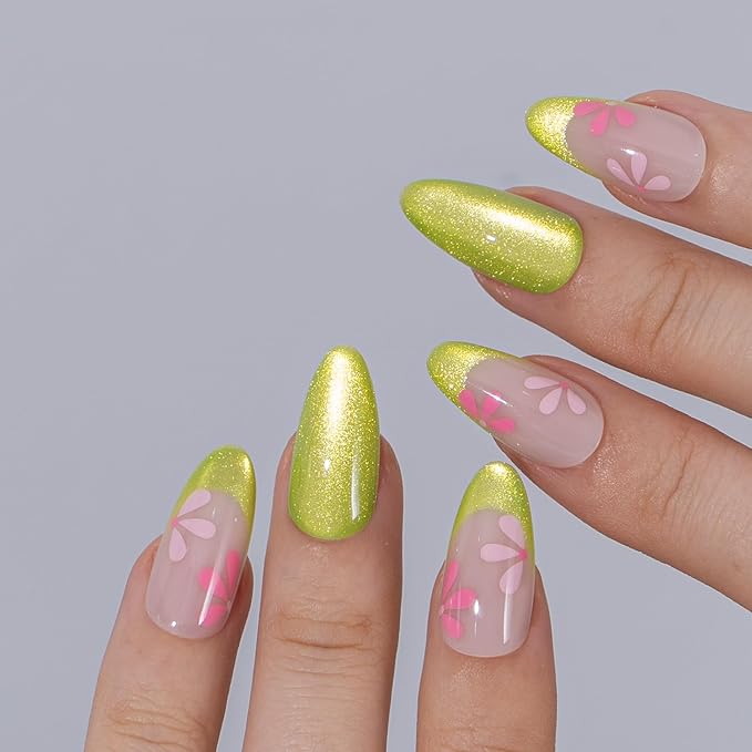 CurvLife Soft Gel Almond Press On Nails, Long-Lasting Reusable Fake Nails Kit with Glue & Tabs, 30pcs Salon-Quality Stick On Nails for Women At-Home Manicure (Lime Bloom)