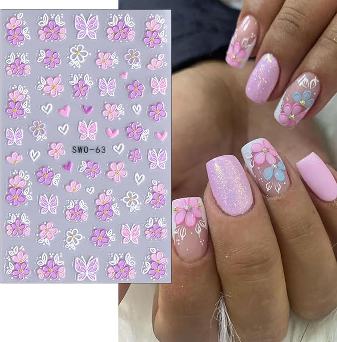 4 Sheets Flower Nail Stickers for Nail Art Embossed Floral Butterfly Nail Decals 5D Self-Adhesive Heart Butterfly Nail Design Decals Pink White Flowers Nail Art Stickers for Women Girls Nail Decor
