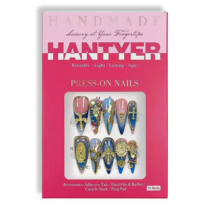 10pcs Vintage Press on Nails with Tools Kit, Long Stiletto Glossy Blue Marble Nails, Gold Cross & Star Charms with 3D Hand-Painted Lines on Nails, Reusable & Easy Apply for Galas (Size L)