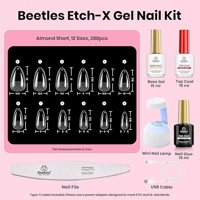 Beetles Gel Nail Kit Etch-X, Almond Short, 288pcs 12 Sizes Nail Tips, 3Pcs 15ml HEMA-Free Nail Glue Top Coat & Base Gel Set, with Mini Lamp, Press On Nail, Long Lasting Extension DIY Set at Home