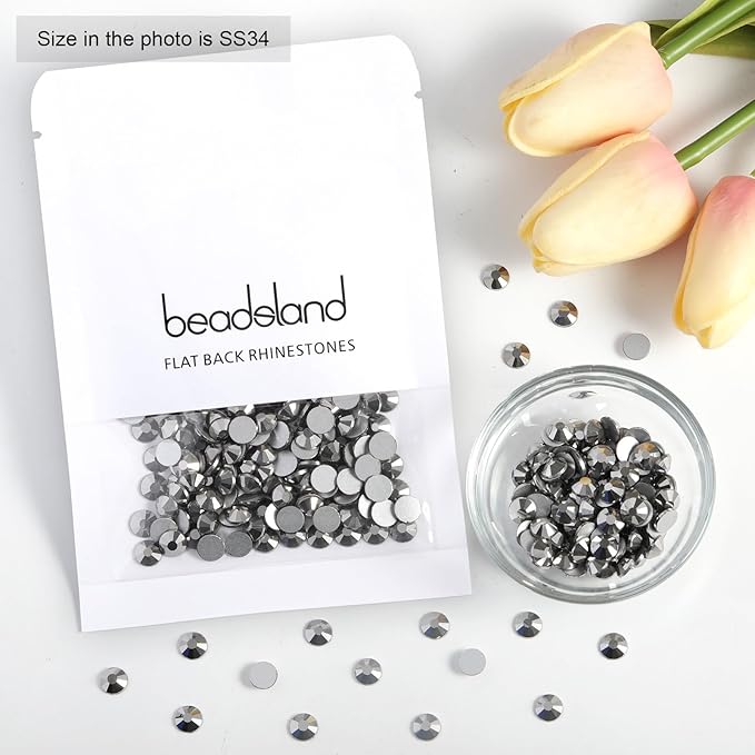 Beadsland Flat Back Crystal Rhinestones Round Gems for Nail Art and Craft Glue Fix, Hematite, 7.0-7.3mm, SS34/288pcs