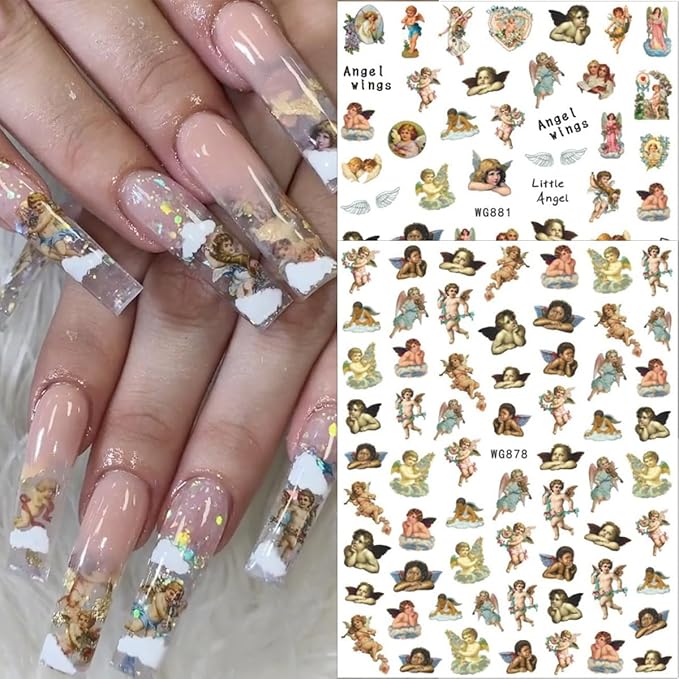 8 Sheets Angel Nail Stickers for Nails Art Cupid Nail Art Stickers 3D Self-Adhesive Rose Heart Angel Wings Designs Valentines Day Nail Decals for Women Holiday Manicure Decorations DIY