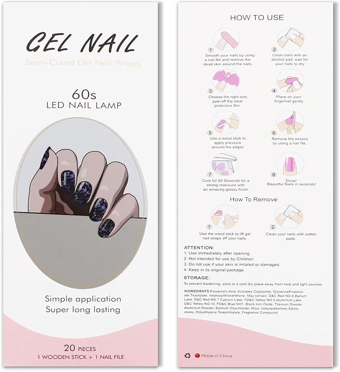 JMEOWIO Gel Nail Stickers Dark Purple Semi Cured Gel Nail Strips Wraps UV/LED Nails Art Design Decoration Accessories