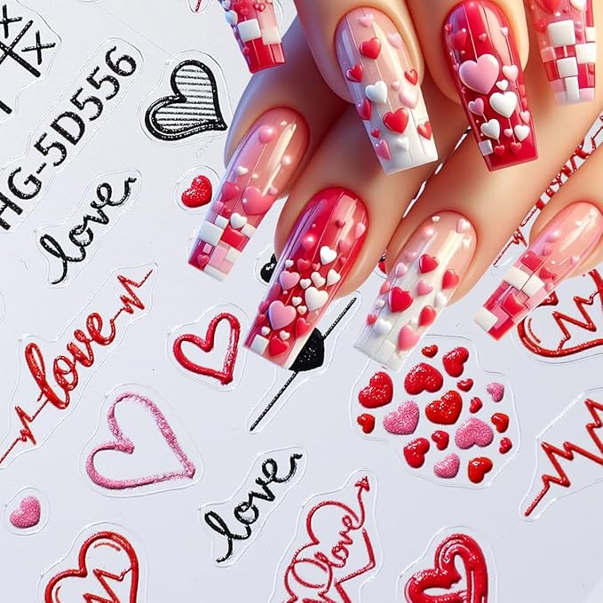2Sheets 5D Valentines Nail Art Stickers Embossed Love Letter Rose Flower Design Cute Nail Decals Romantic Heart Nail Stickers Self Adhesive Wedding Nail Art Supplies Accessories for Women Manicure