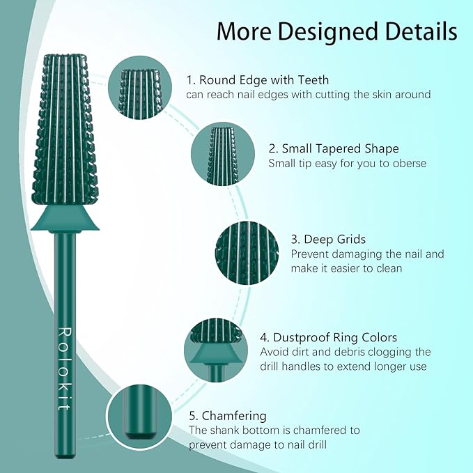 5 in 1 Nail Drill Bit, 3/32'' Professional Carbide Tungsten Drill Bit Nail Tech, Two Way Rotate Cuticle Gel Remover Drill Bit for Manicure Pedicure Acrylic Nail Poshling (Green, Coarse-C)