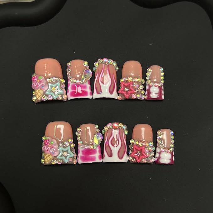 10pcs Handmade Press on Nails for Women - Medium Duck Curve 3D Thick Acrylic Fake Nails Reusable,Designer Floral Butterfly Rhinestones Bling Boho Funky Y2k Nail-art Set,L,pink lips