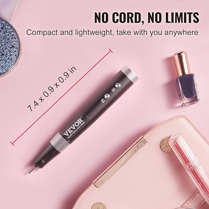 VEVOR Electric Cordless Nail Drill, 30,000RPM Variable-Speed Rechargeable Nail E File Machine, Nail Surface Smooth, Portable Manicure Pedicure Polisher with 50PCS Sanding Bands for Dead Skin Removal