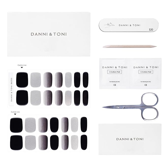 DANNI & TONI Semi Cured Gel Nail Strips Black Silver Ombre (Moon Veil) Mirror Gel Nail Wraps 28 Stickers