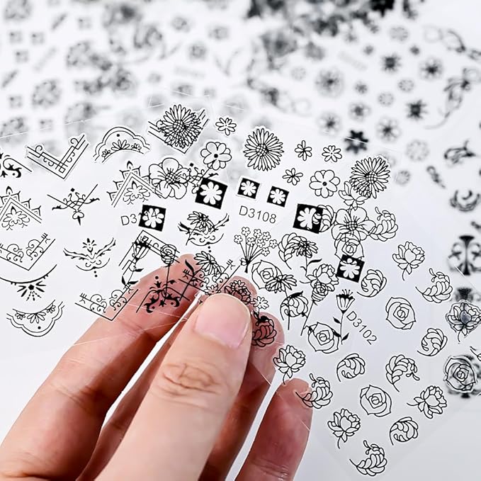 90 Sheets Flower Nail Stickers 3D Self-Adhesive Gold White Black Nail Decals Lace Retro Floral Leaf Nail Art Designs for Women and Girls Nail Art Decoration Accessories with Nail Tweezer
