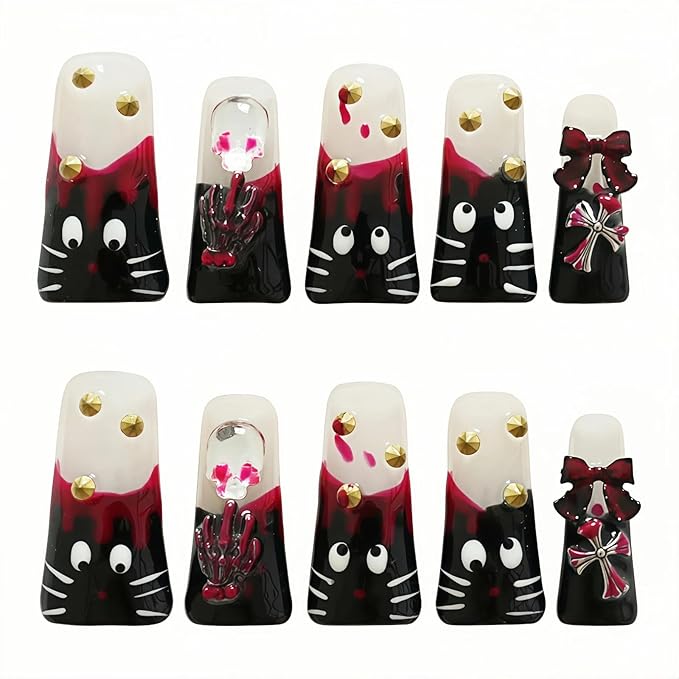 Long Duck Press on Nails - Hand-Painted Black Cat Design False Nails with Y2k Edgy Style Gold Spike Studs & Halloween Blood Drop Designs - Glossy High French Nails Tips (Hand-Painted Cat, S)