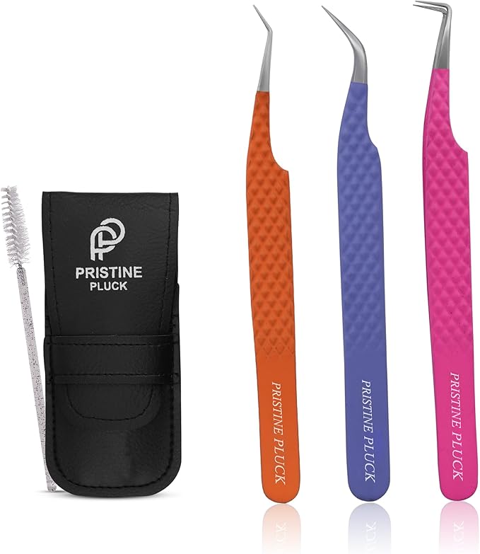 Lash Tweezers Set – Professional Eyelash Extension Tweezers Kit with Case & Brush – 3 Precision Lash Tweezers for Volume, Isolation & Classic Lashes – Anti-Static, Non-Slip Grip