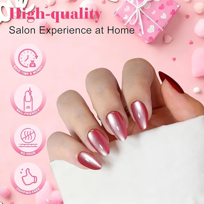 160Pcs Cat Eye Press on Nails Short Almond, 5 Colors Red Pink Magnetic Fake Nails, Salon Quality Soft Gel Glue on Nails with 16 Sizes, Shimmer Velvet Full Cover False Nails Kit for Women