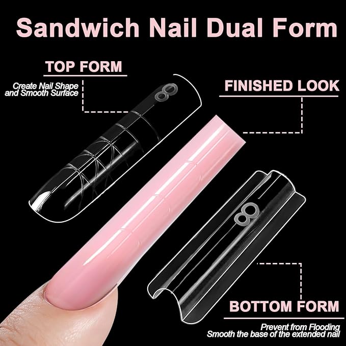 Allstarry Sandwich Dual Nail Forms, Reusable Sandwich Dual Forms 240pcs 15 Sizes Square Nail Extensions Plastic Poly Gel Nails Forms for Builder Gel No Paper Forms Needed Moldes Dual Nails Molds
