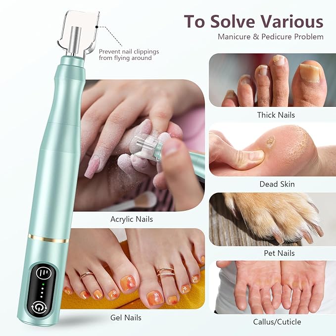 Cordless Nail Drill Electric Rechargeable File Kit, Professional Efile Acrylic Gel Nail Polish Remover Pedicure Manicure Machine Portable Set with 11 Bits 56 Sanding Bands (Mint Green)