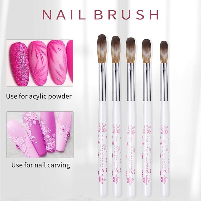 5Pcs Flower Acrylic Nail Brush Set, Size 8/10/12/14/16, Professional Nail Brushes for Acrylic Application Powder & Nail Extension, 3D Nail Carving Tools for DIY Home Salon Manicure-White