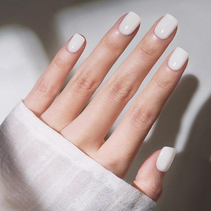 Modelones Extra Short Press on Nails,Sheer White Semi-Transparent Squoval Fake Nails, Reusable Nail Kit with Nail Glue Adhesive Tabs Mini Nail File, Nails Press Ons 32Pcs 16 Sizes, Women Girl Gift