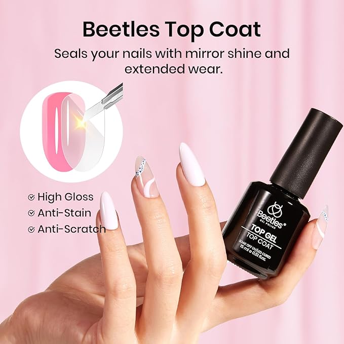 Beetles 3Pcs 15ml Pink Gel Nail Polish and No Wipe Gel Top Coat & Base Coat Set, Soak Off UV Lamp and Long Lasting Top Coat French Manicure Art Design Kit
