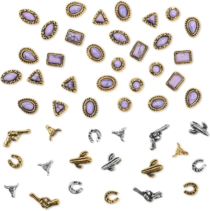 50 PCS Western Nail Charms - Purple Turquoise Nail Charms, Vintage Cowboy Cowgirl Western Art Gems Stickers, Retro Metal Gold Silver Art, Purple Multi-Shape Marble Gems Bulk DIY