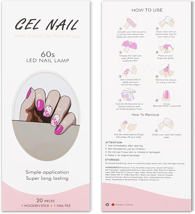 JMEOWIO Gel Nail Stickers Pink Flower Transparent Semi Cured Gel Nail Strips Wraps UV/LED Nails Art Design Decoration Accessories