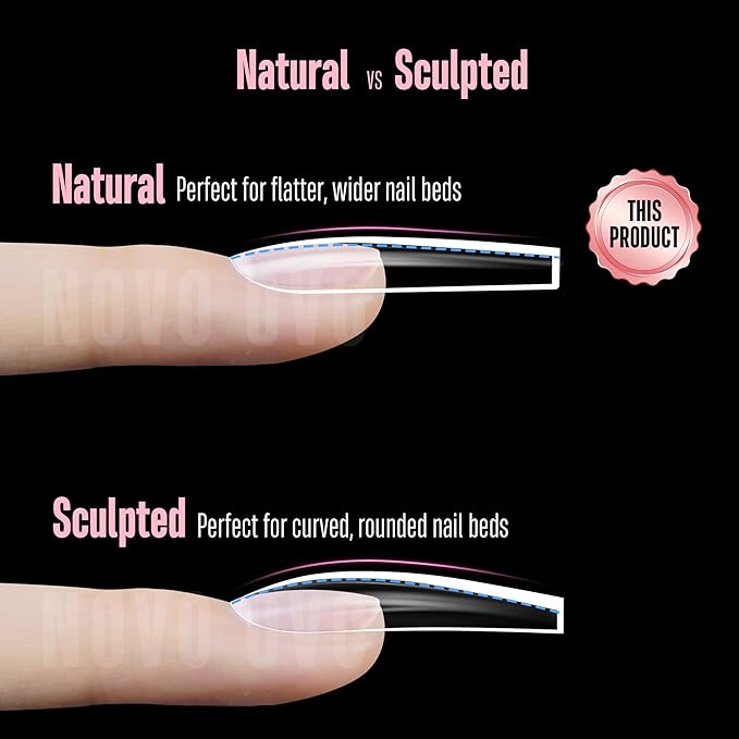 NOVO OVO Long Square Nail Tips NATURAL (Not SCULPTED) for Flat Nail Beds, Extra Thick L Length False Nails Press on, Full Cover Soft Gel Fake Nail Extension, Salon DIY x 15 Sizes 450 pcs