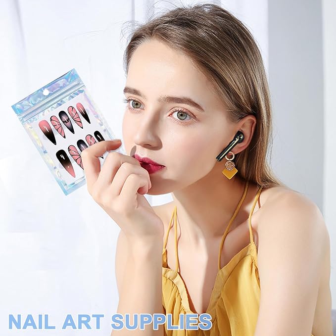 100 PCS Press On Nails Packaging Bag Holographic Nail Storage Bag and 100PCS Shiny White Pearl Card with 7 Sheets Pre-cut Nail Tape for Fasle Nail packaging Home Salon Business Use (Laser)