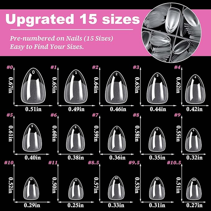300pc Short Almond Gel Nail Tips Clear Fake Nail, Clear Press on Nails Short Almond Soft Gel Nail Tips XS Stiletto Acrylic Nails Full Cover False Nail Artificial Fingernail for Nail Extensions