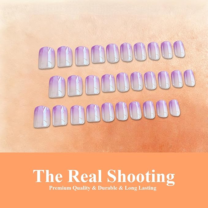 Chrome Ombre Lilac Press on Nails Short Square, Glazed Cute Fake Nails with Sparkle Mirror Design, Shiny Glitter Glue on Nails Short, Gradient Nude Gel Nail Press ons with Glue 30 Pcs