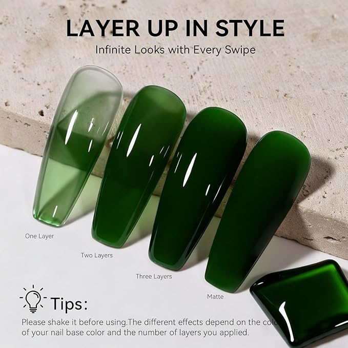 MEGIOR Moss Green Jelly Gel Nail Polish 0.5 Fl Oz Neutral Transparent Green Colors Soak Off UV LED Lamp Light Cure Gel Polish Kit for Salon and Nail Art Starter Manicure DIY at Home