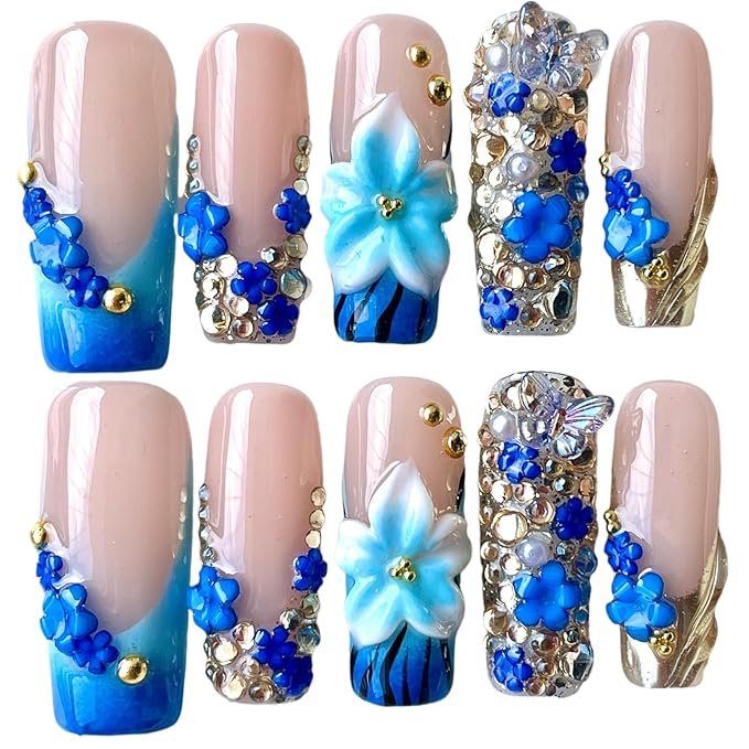 Handmade 3D Floral Press On Nails, Medium Long Square Shape, Blue Gradient with Rhinestones, Gold Beads, Reusable Acrylic False Nails (Blue enchantress, S)