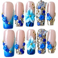 Handmade 3D Floral Press On Nails, Medium Long Square Shape, Blue Gradient with Rhinestones, Gold Beads, Reusable Acrylic False Nails (Blue enchantress, L)