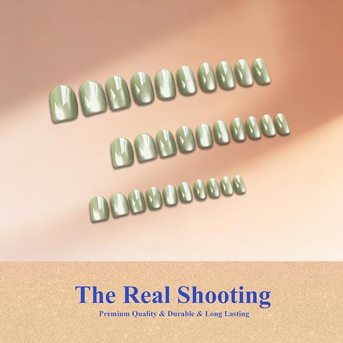 Cat Eye Press on Nails Short, Chrome Press on Nails Oval, Thick Glazed Pastel Green Fake Nails Press ons for Women, Reusable Magnet Bling Glitter Glue On Nails Almond in 15 Sizes, Matcha 30 Pcs