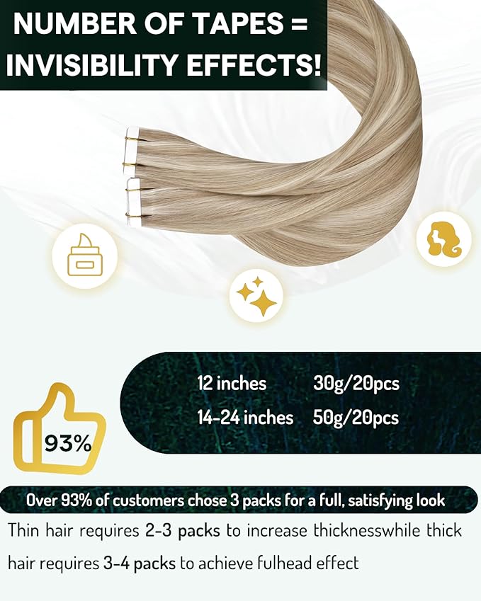 RUNATURE Blonde Tape in Hair Extensions Human Hair 16 Inch Tape ins Human Hair Extensions Ash Brown with Platinum Blonde Tape in Extensions Human Hair 50g 20pcs