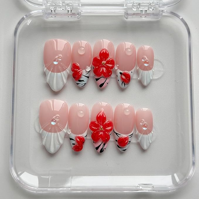 Luxury Press on Nails Medium Almond Handmade 3D Unique Reusable ABS Material Fake Nails White French Tip False Nails with Designs Water Drop Red Flower Glossy Glue on Nail Thick Acrylic Nail(S)