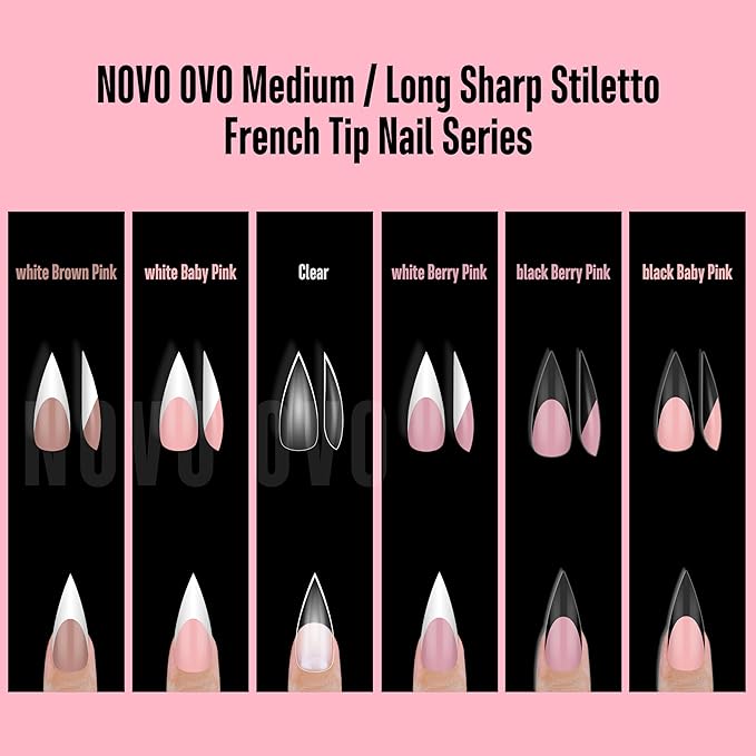 NOVO OVO Medium Long Sharp Stiletto Nail Tips (White French Tip) - Brown Pink Nude Soft Gel Press Ons, Pre-Designed Full Cover Fake Nails for Instant Salon Manicure, 16 Sizes (160 Pcs)