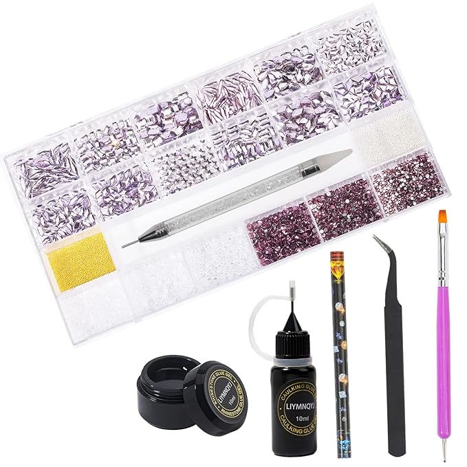 Nail Rhinestones Kit 9080PCS Flatback Rhinestones for Nail Crystals Decoration Nail Hearts Multi Shapes Mix Size and Metal Beads Pearl Gold Silver with glue gel and Pen brush tweezers(Light Purple)