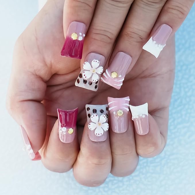 Press On Nails Handmade Short Duck Nails, 3D Floral Cute Thick Acrylic Fake Nails White Pink French Tip False Nails with Rhinestones Blossom Designs (Blush White Gradient Daisy,L)