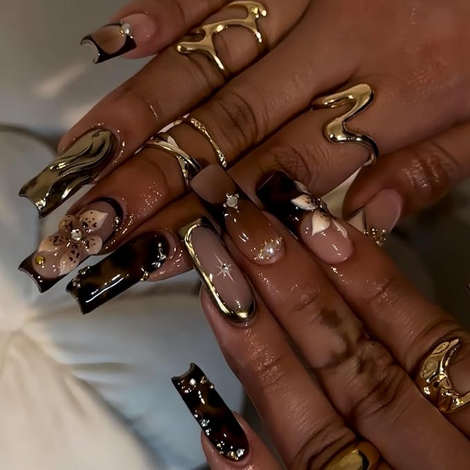 Long Square Press on Nails MABKJLF 3D Gold Curve Line Nails Floral Fake Nails French Tip False Nails with Rhinestones Leopard Print Designs Glossy Glue on Nails for Women Girls 24Pcs