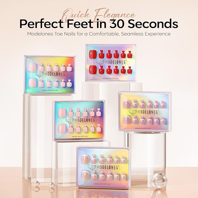 Modelones Press on Toenails Short, Nude French Tip Toe Nails Square, Reusable Nail Kit with Nail Glue Adhesive Tabs Mini Nail File, Toe Nails 36Pcs 18Sizes, Spring Women Girl Gift