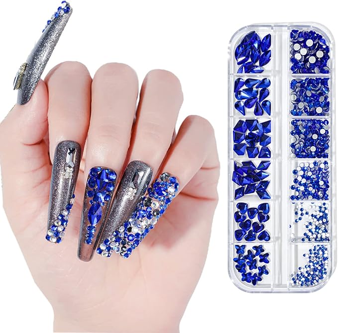 1650 Pcs Crystal Nail Rhinestone Kit Green Red Blue Color with Round Flat Back and Mixed Shapes Rhinestone Nail Art DIY Gem Bead for Girls Women