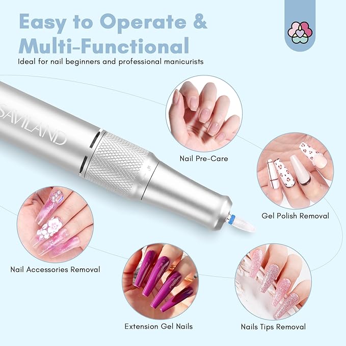 SAVILAND Electric Nail Drill Machine: 40000 RPM Upgrad Professional Nail File for Acrylic Nails with Ceramic Corn Head Nail Bits for Nails Manicure Tools & Pedicure Kit Home DIY