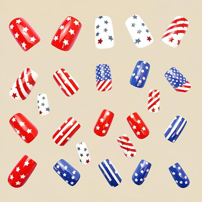 Independence Day Press on Nails Medium Square Fake Nails Patriotic Flag Pattern False Nails Full Cover Glossy Stick on Nails Reusable Acrylic Nails for Women 4th of July Manicure Art