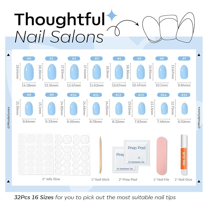 modelones Blue Short Press on Nails, Oval Fake Nails Kit Press Ons with Nail Glue, Adhesive Tabs, Nail File, Prep Pad, Manicure Stick, 32Pcs 16 Sizes, Spring Women Girl Gift