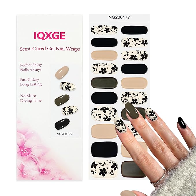 20Pcs Black Semi Cured Gel Nail Strips Summer Gel Nail Stickers UV/LED Light Needed Full Polish Flower Nails Wraps with Design Glossy Self Adhesive Nails Polish Strips for Women