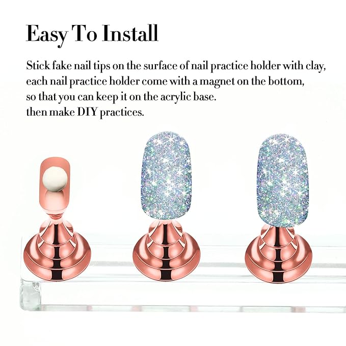 Blulu 2 Set Nail Stand for Painting Press Nail Holder Acrylic Magnetic Tips Training Fingernail Display Stands DIY Crystal Holders and 96 Pieces White Reusable Adhesive Putty(Metal Rose Gold)