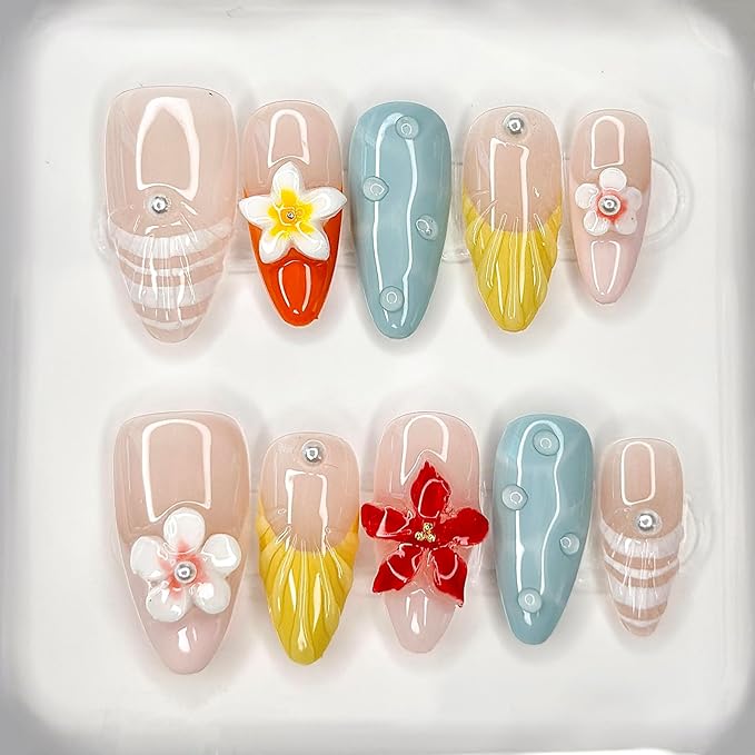 Luxury Press on Nails Medium Almond French Tip Handmade 3D Unique Reusable ABS Material Fake Nails Pastel False Nails with Designs Pearls Floral Art Petal Glossy Glue on Nails Thick Acrylic Nails(S)