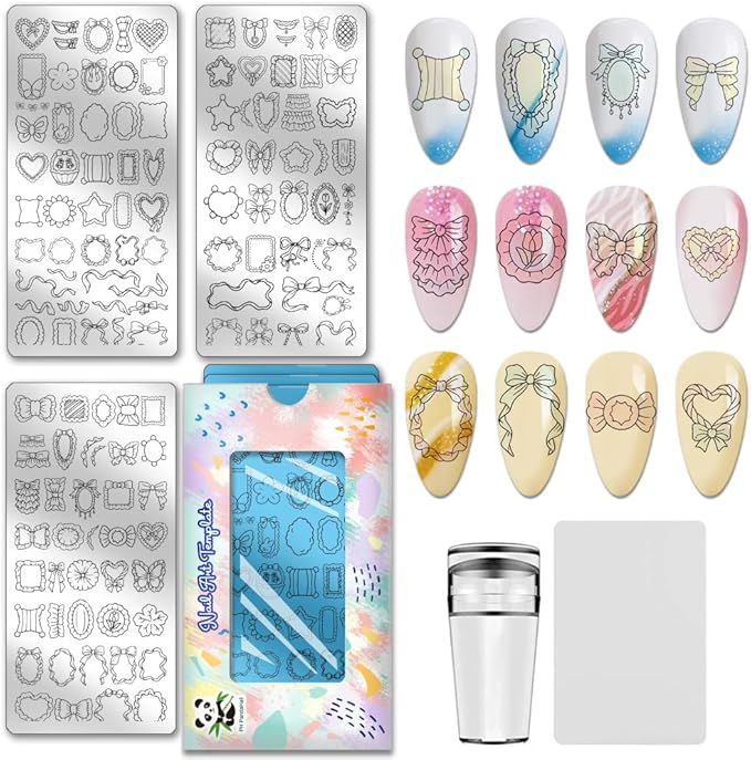 PH PandaHall 120 Patterns Dreamy Pillows Nail Stamping Plates 3pcs Heart Bow Collars Nail Art Templates Lace Ribbon Nails Art Design with Stamper and Scrapers for Women Manicures Salon DIY Printing
