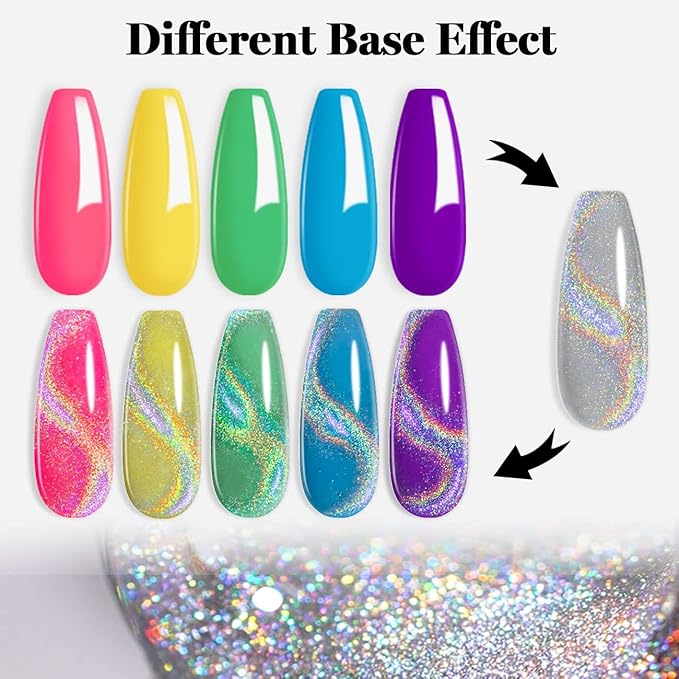 RARJSM Neon Gel Nail Polish Set Cat Eye Gel Nail Polish Set Silver Glitter GelPolish Irridescent Colors Neon Green Yellow Hot Pink Purple Blue 6 Piece Set 7.5ML Curing Required
